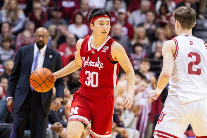 Nebraska Cornhuskers guard Keisei Tominaga (30) dribbles the ball while Indiana Hoosiers guard Gabe Cupps (2) defends in the second half at Simon Skjodt Assembly Hall.